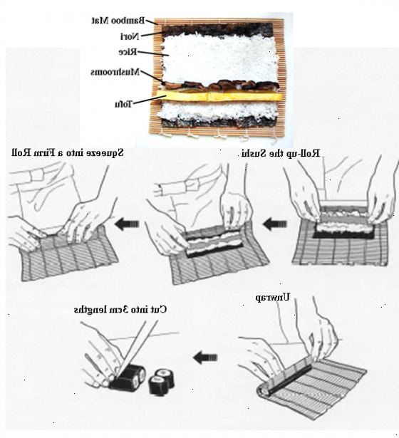 Hvordan til at rulle sushi. Placer et ark nori tang på plastfolie og sprede en kop sushi ris (korte fibre) på toppen.